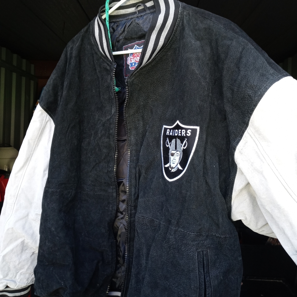 Vintage Nfl Oakland Raiders 2xl Suede Leather Men’s Jacket Silve